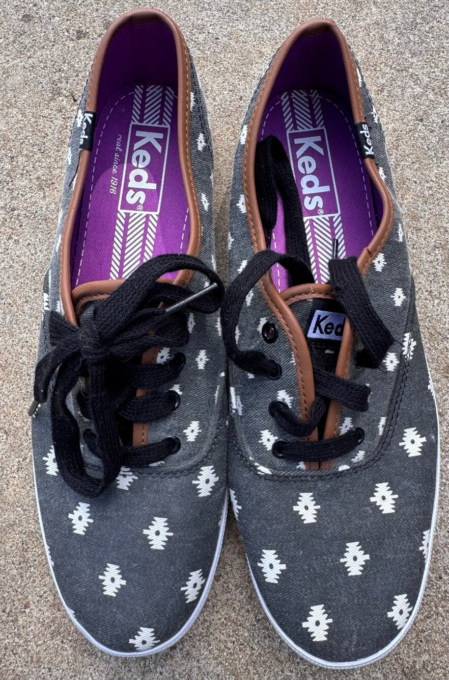 Keds Black Canvas Lace Up Tennis Shoes White Tribal Print Women's Size 7.5